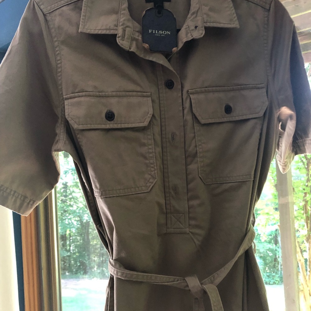 Filson belted shirt dress. Olive color.